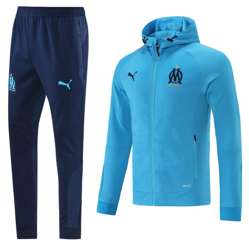 2021/22 Marseille Sky Blue Tracksuits Hoodie Jacket Training Kits With Pants